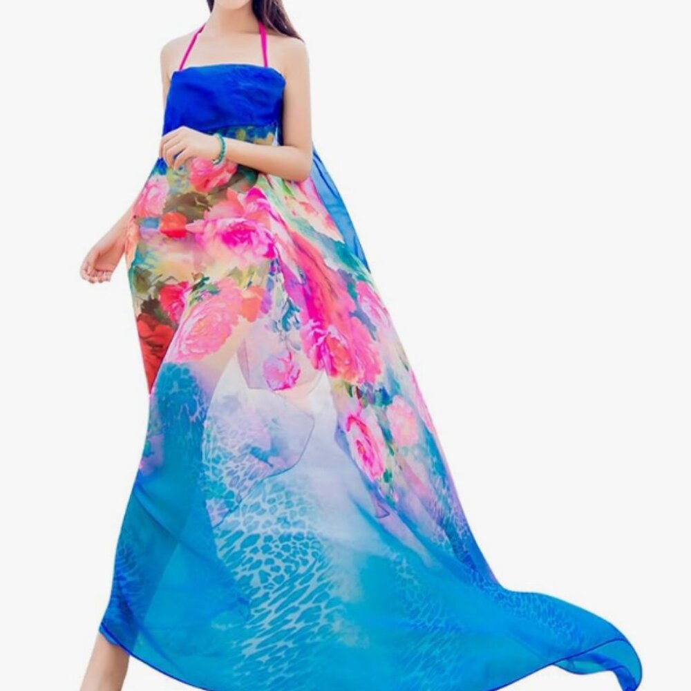 GERINLY Blue Large Summer Shawl. Wrap, Sarong 25 X 30 X 25 X70 inches